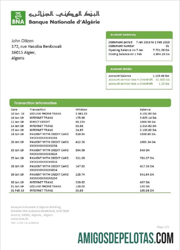 Argélia Banque Nationale D’Algérie (BNA) Exemplo de extrato bancário